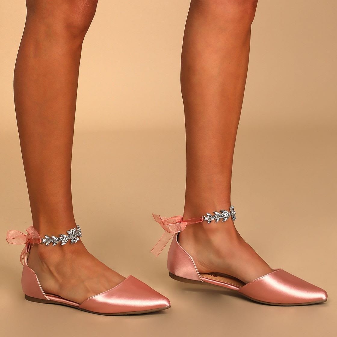rose gold satin rhinestone ankle strap flats
