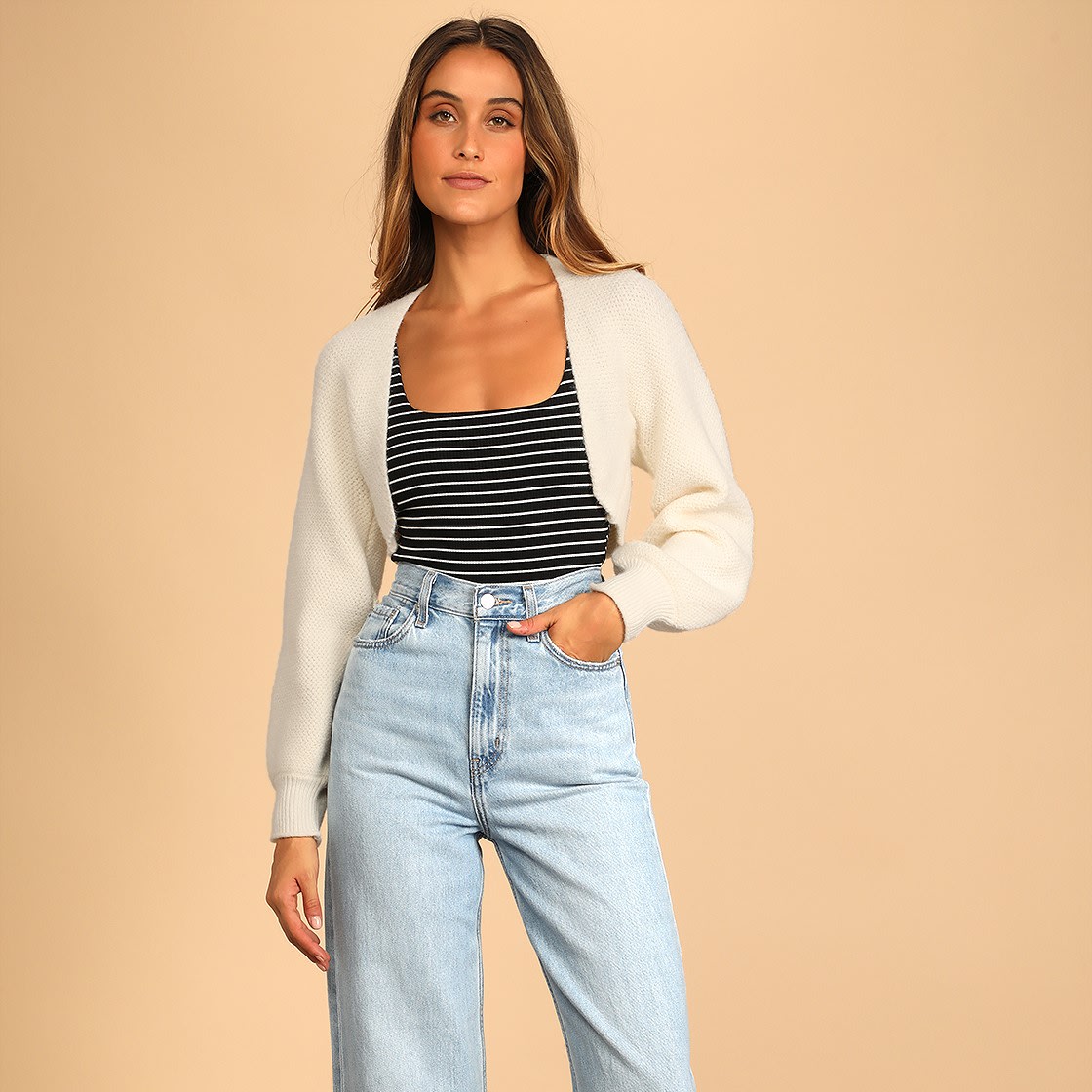 cream long sleeve open front shrug sweater