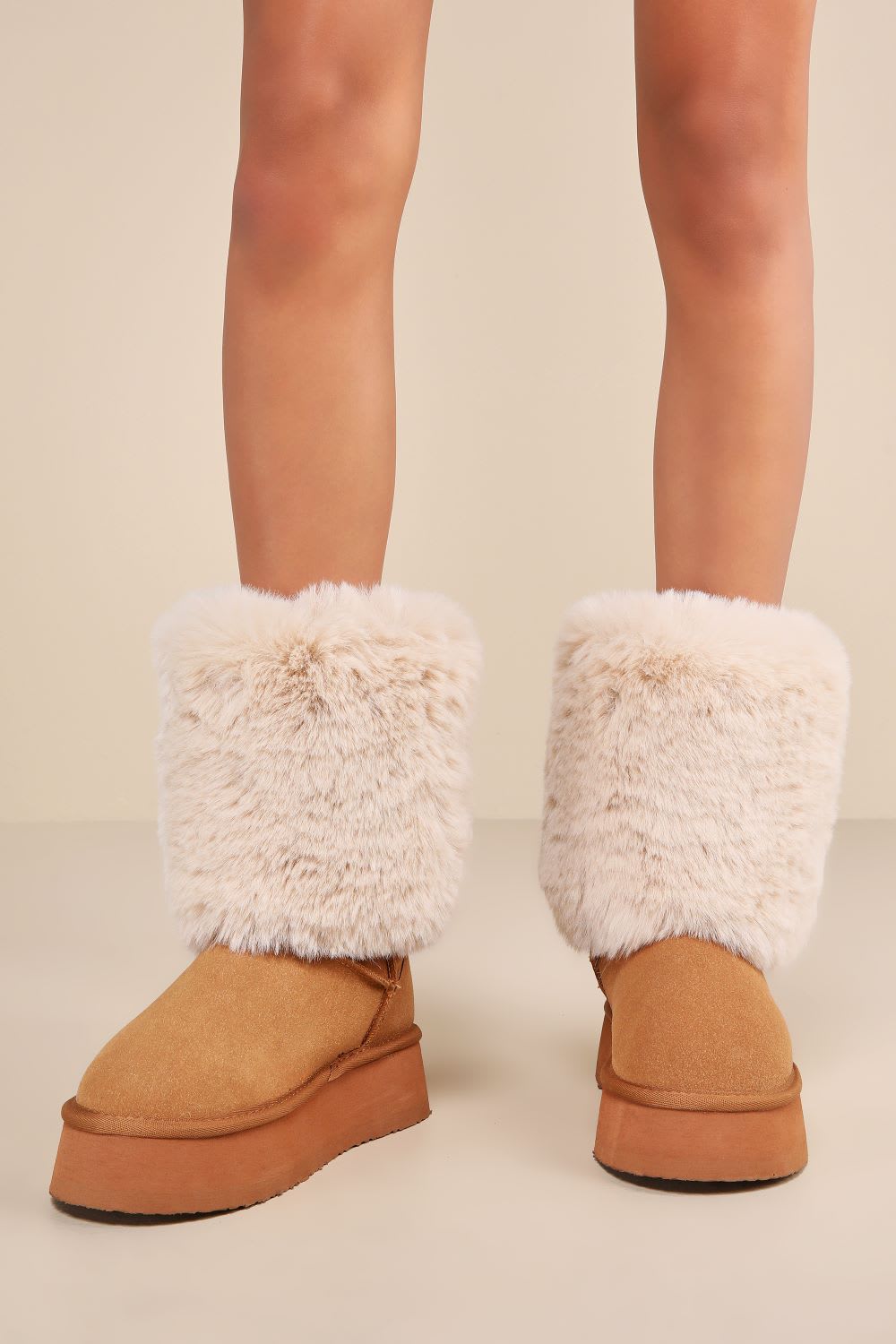 suede faux fur platform mid calf boots