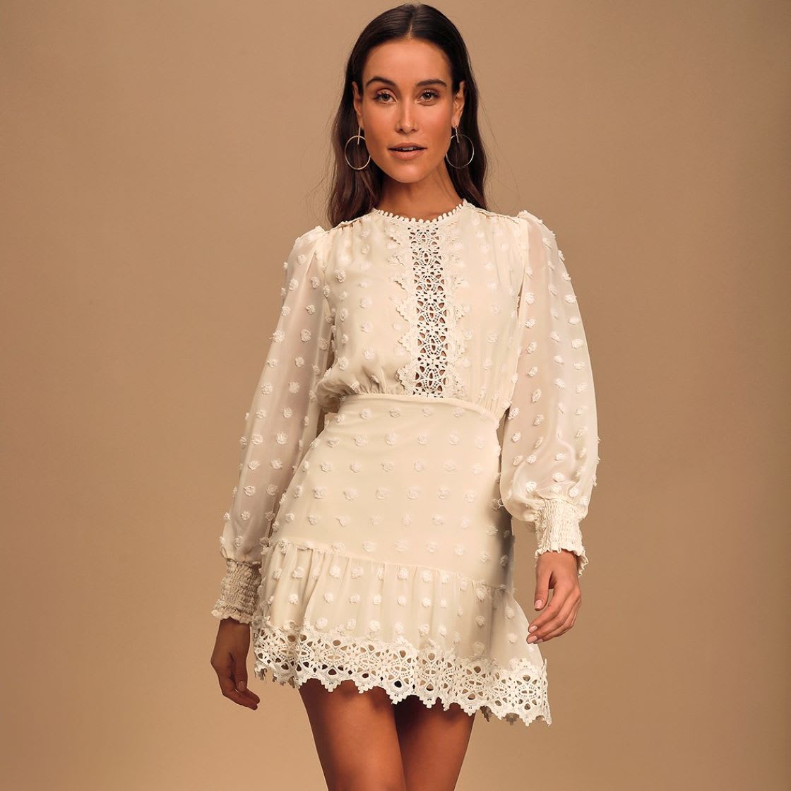 cream embroidered lace long sleeve dress