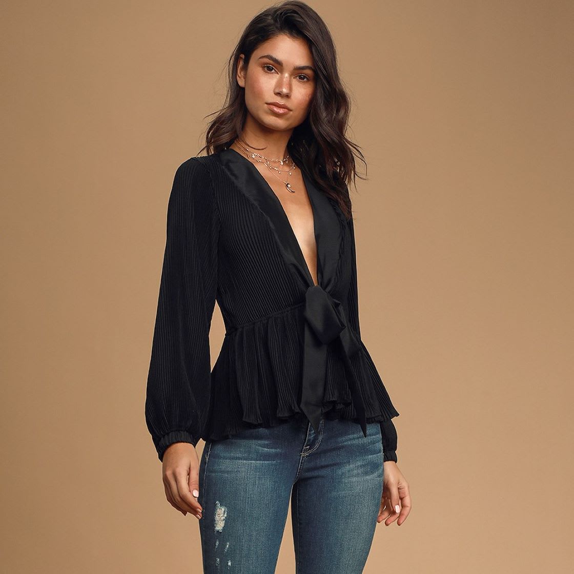 black pleated tie front peplum top