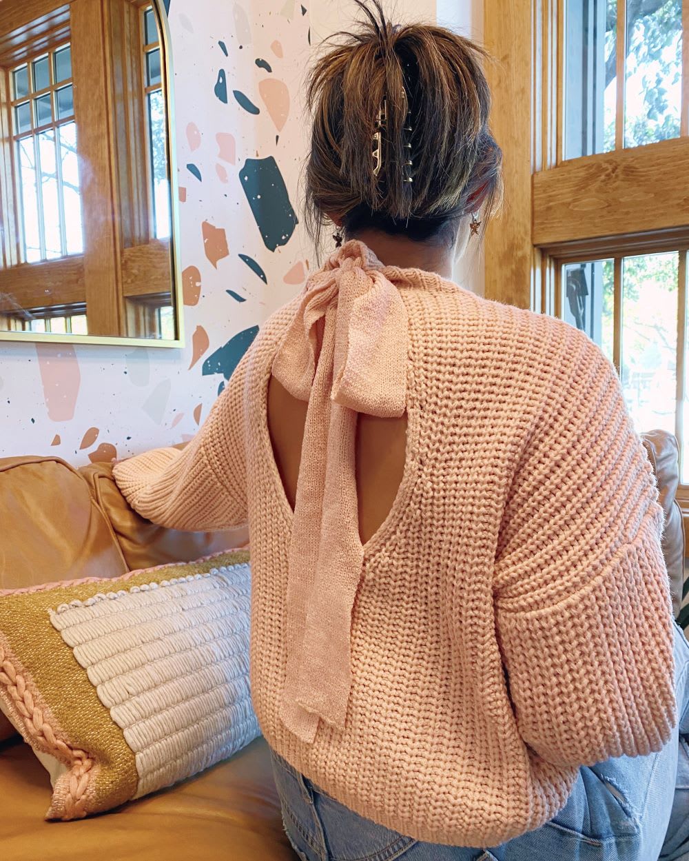 blush pink tie back sweater