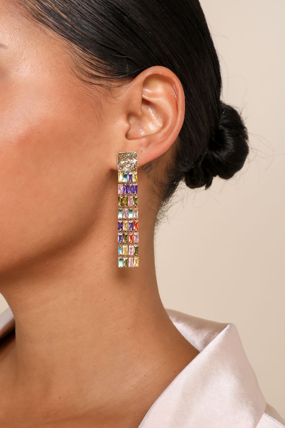 gold multi rhinestone fringe statement earrings