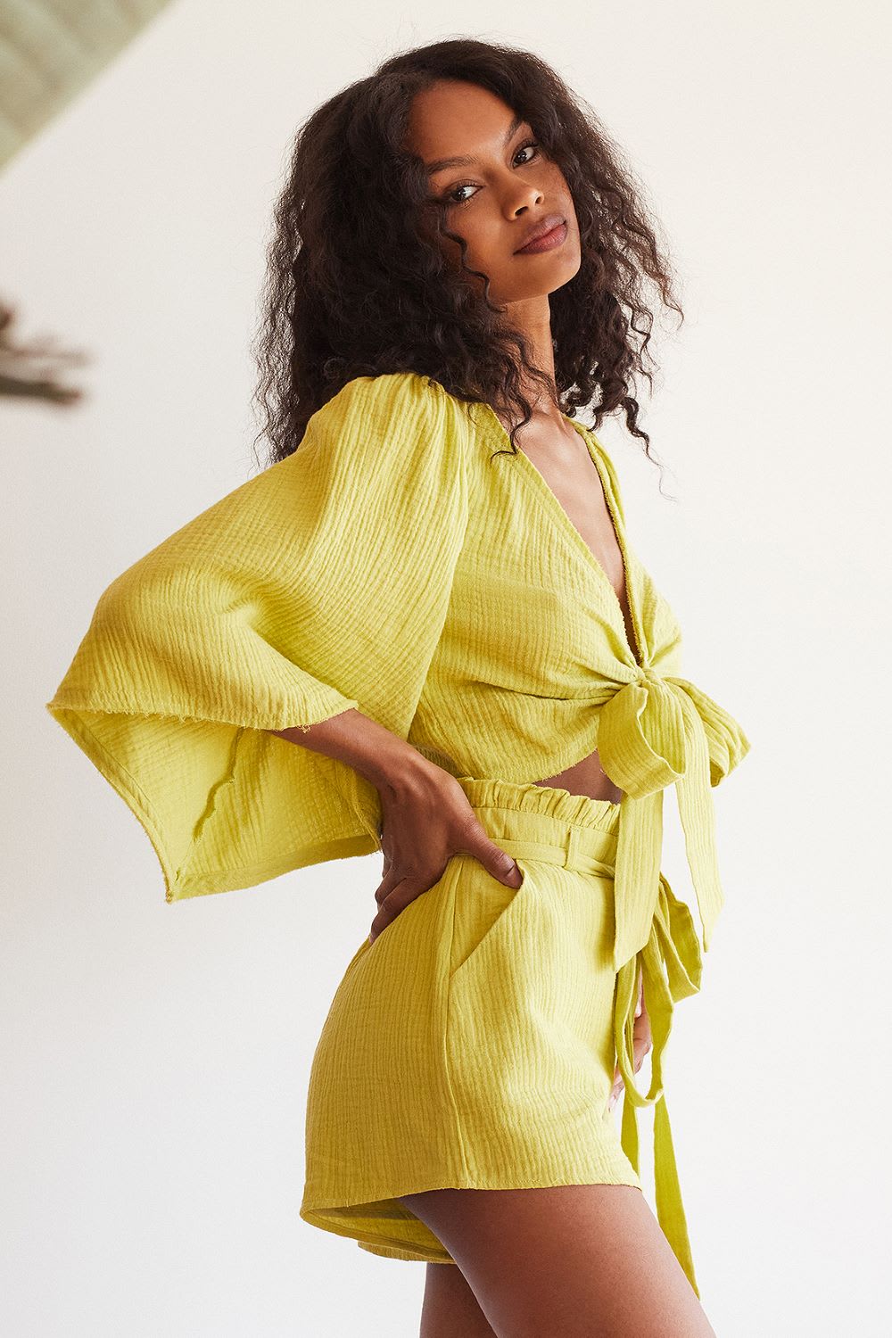 lime green tie front crop top and shorts