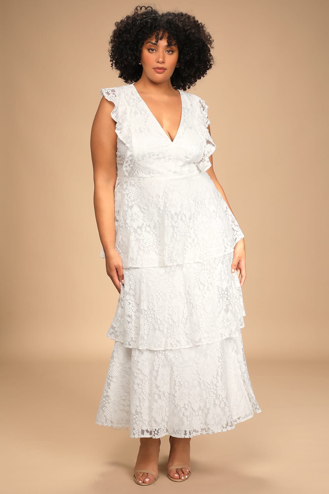 white lace tiered ruffled maxi dress