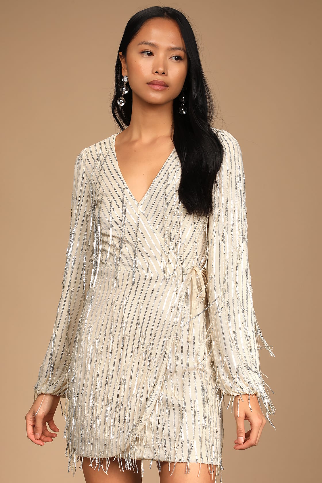 silver sequin fringe long sleeve wrap dress