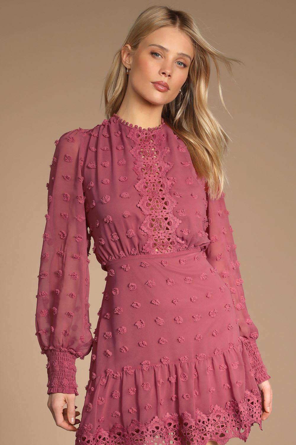 mauve embroidered long sleeve dress