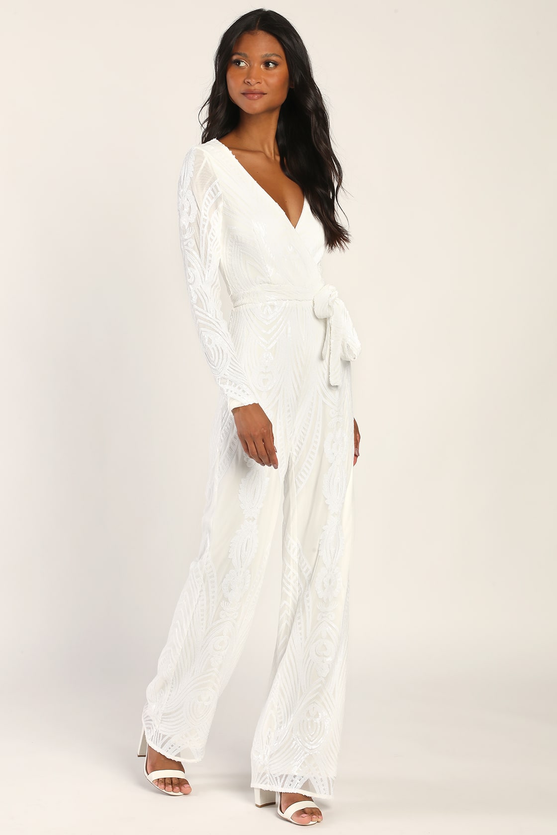 white sequin long sleeve jumpsuit