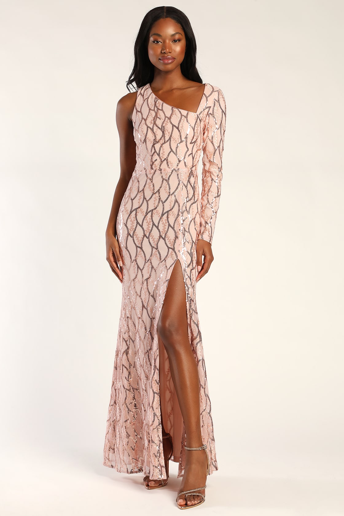 pink sequin one sleeve maxi dress