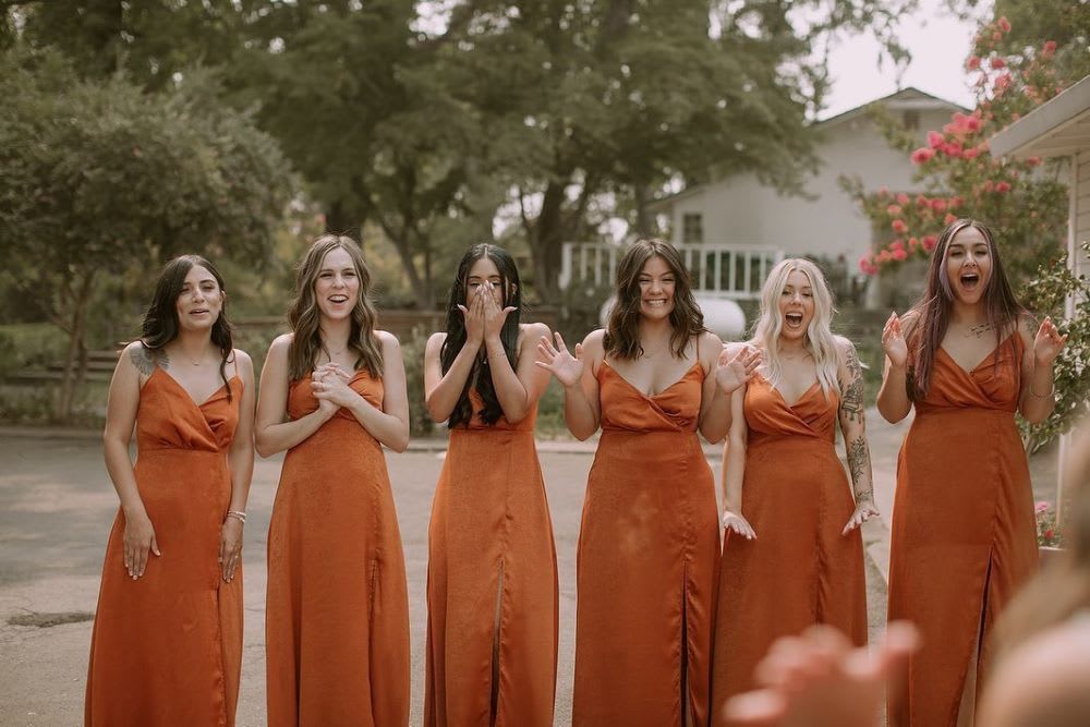 rust orange satin maxi bridesmaid dresses