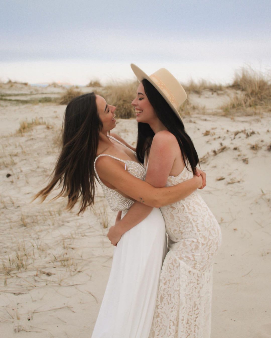 beaded white maxi dress and white lace maxi dress