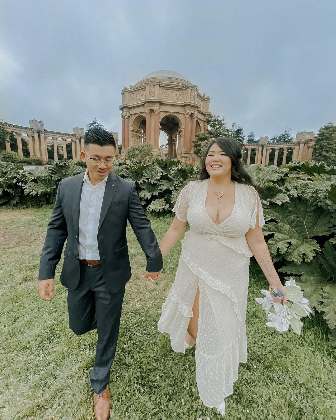 cream swiss dot ruffled midi elopement dress
