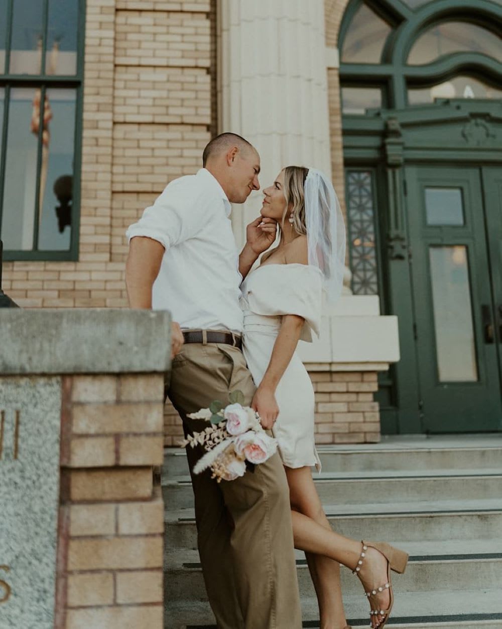 white satin off the shoulder mini dress for elopement