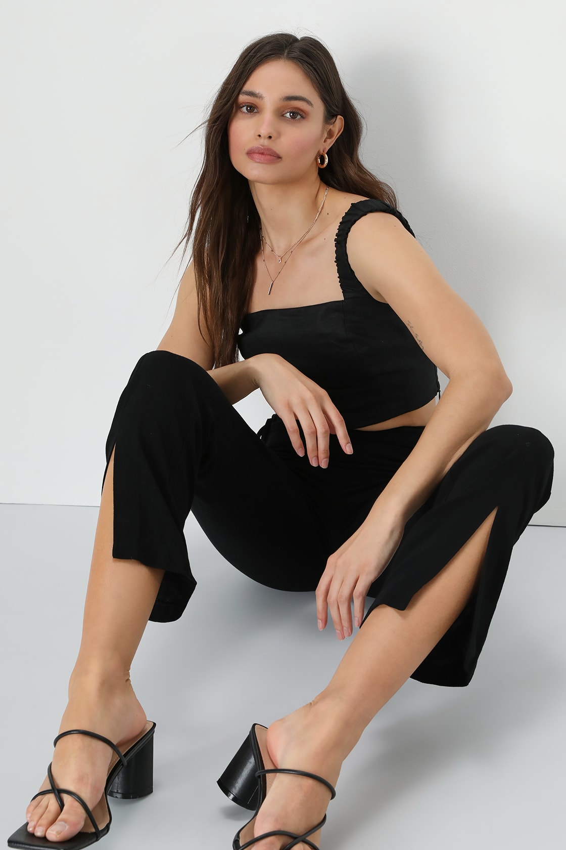 black linen slit flare pants