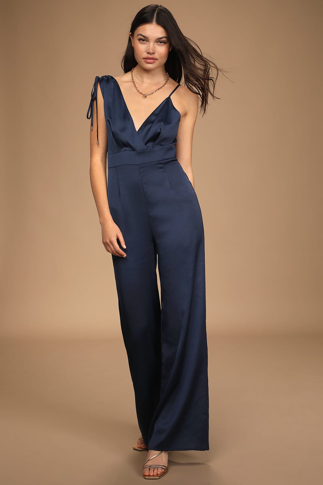 navy satin wide leg jumpsuit
