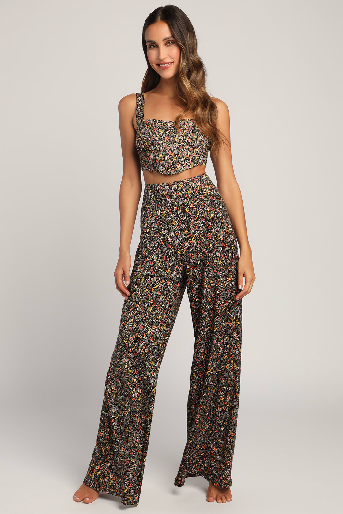 floral bustier crop top and wide leg pants