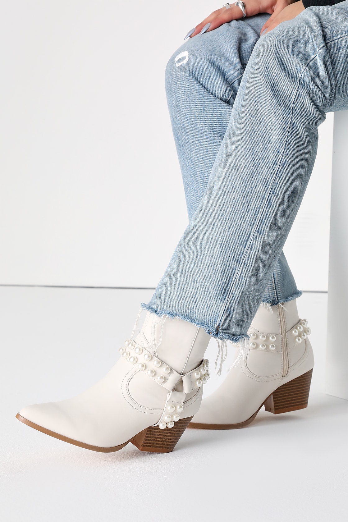 bone pearl pointed toe ankle western boots