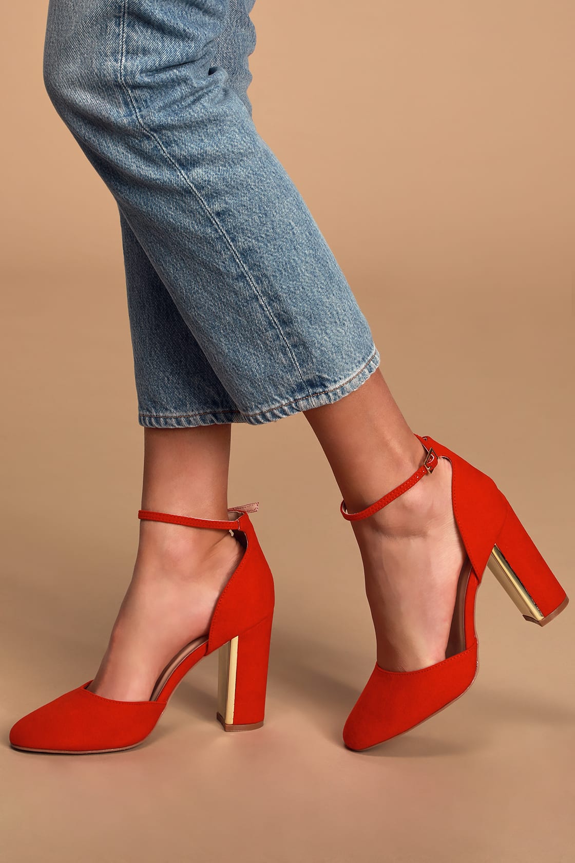 red ankle strap pumps