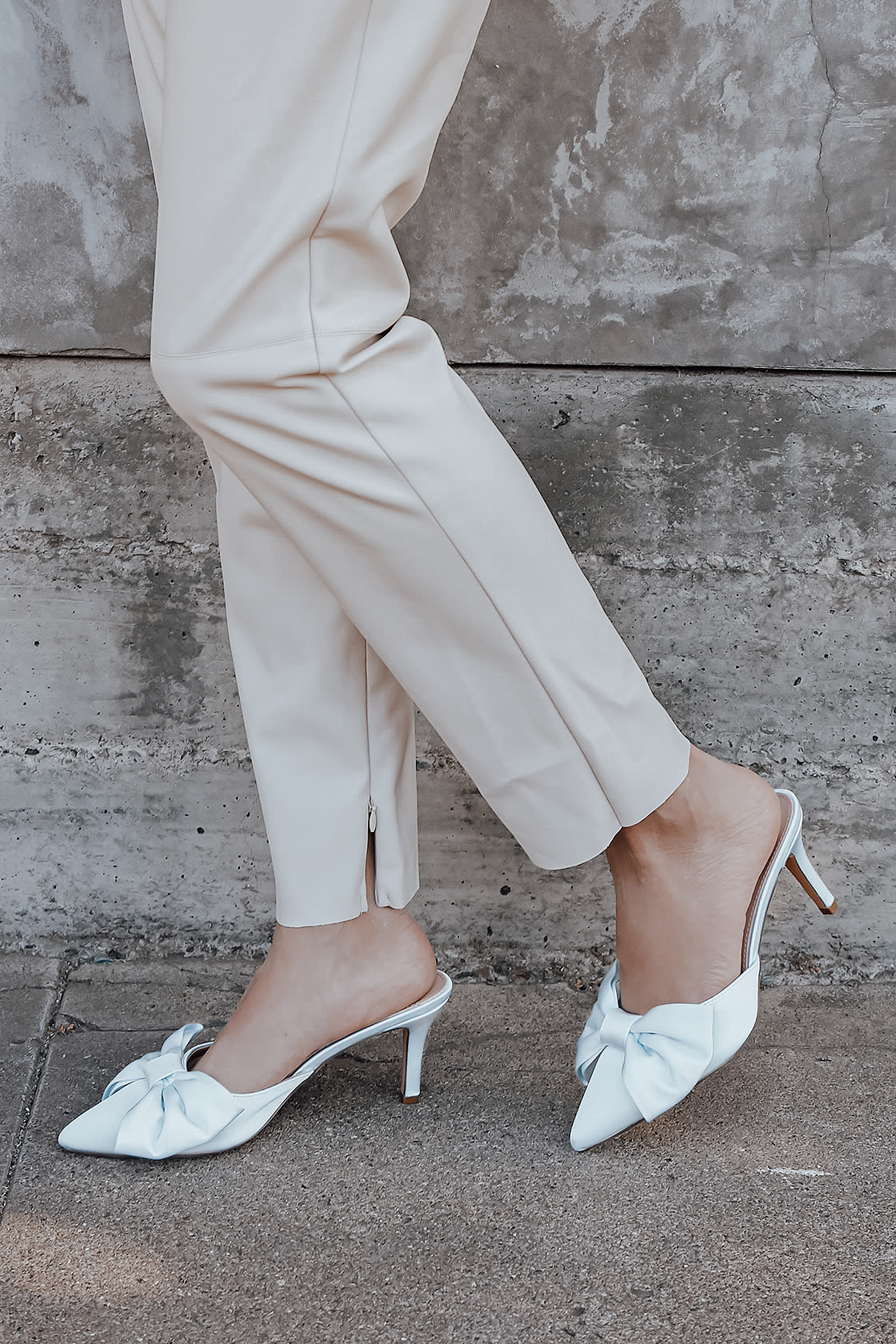 light blue satin pointed toe mules