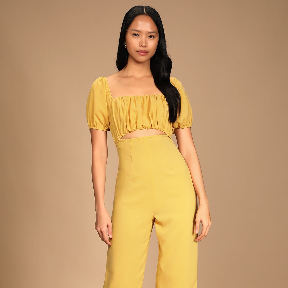 light yellow puff sleeve jumpsuit
