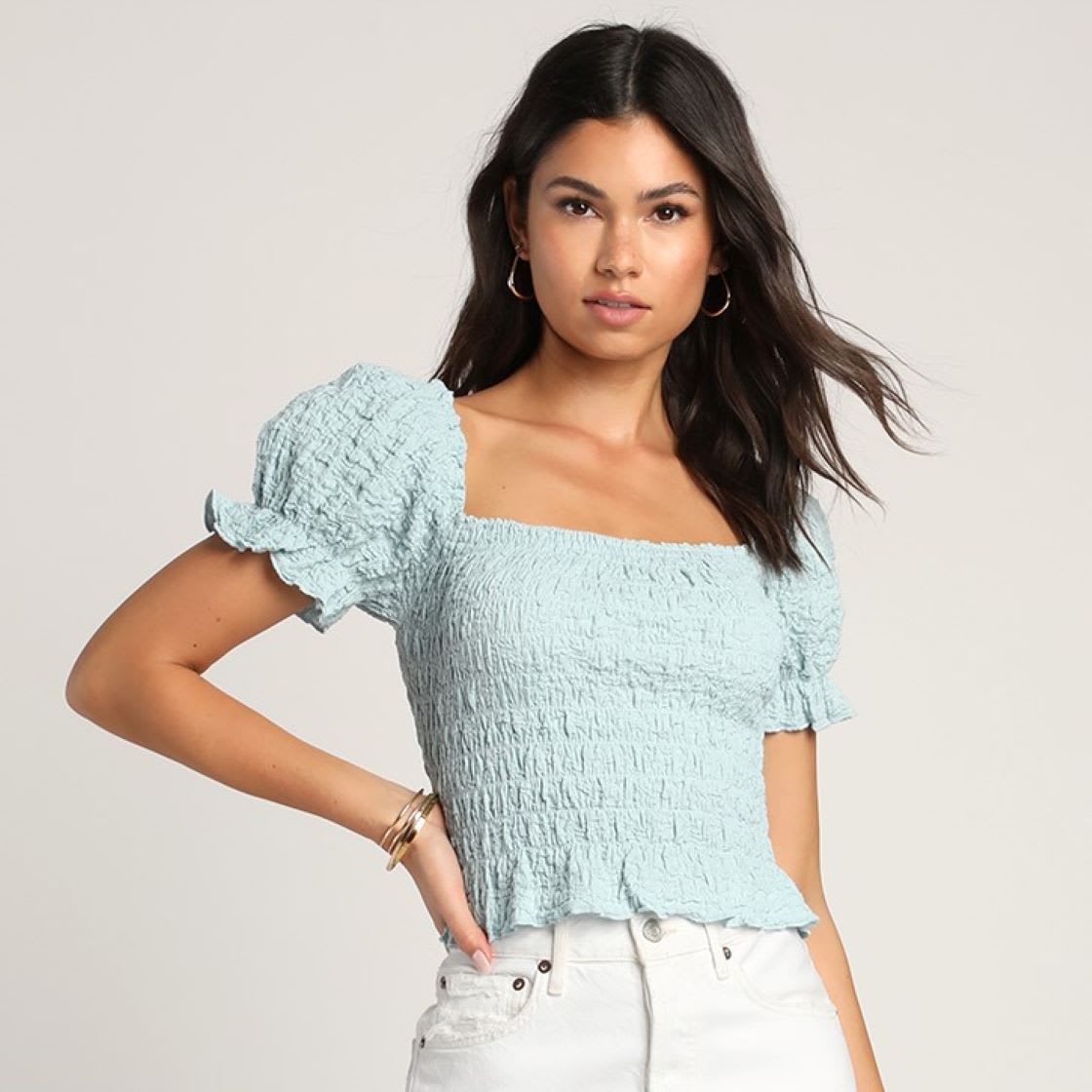 light blue smocked puff sleeve top