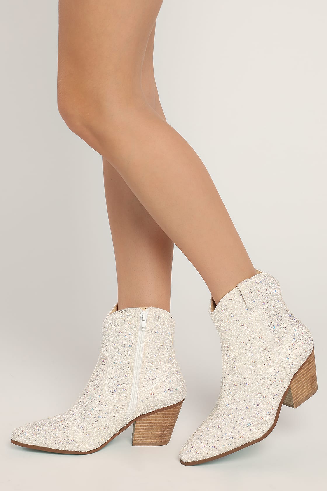 white pearl pointed toe ankle boots