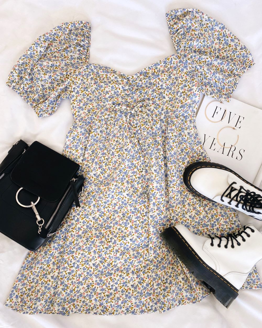 ivory floral print puff sleeve babydoll dress