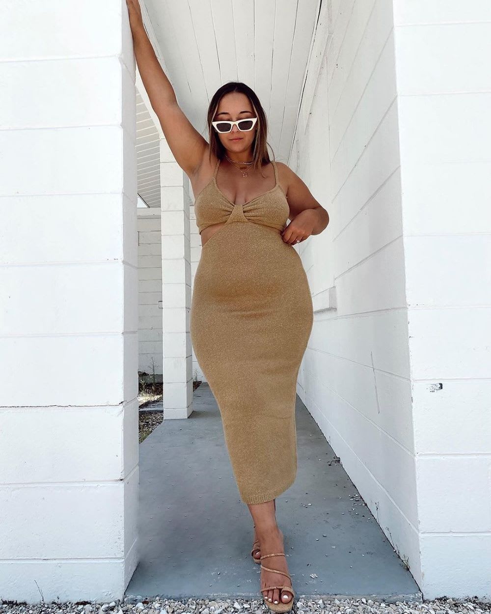 tan cutout midi sweater dress