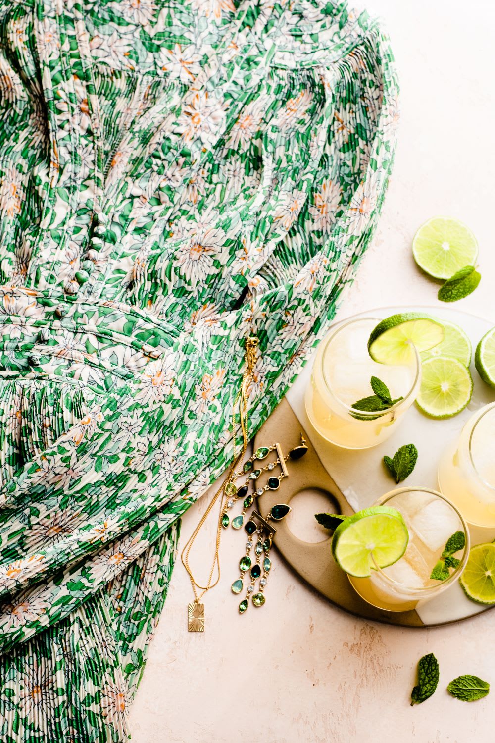 green floral long sleeve midi dress with cocktails