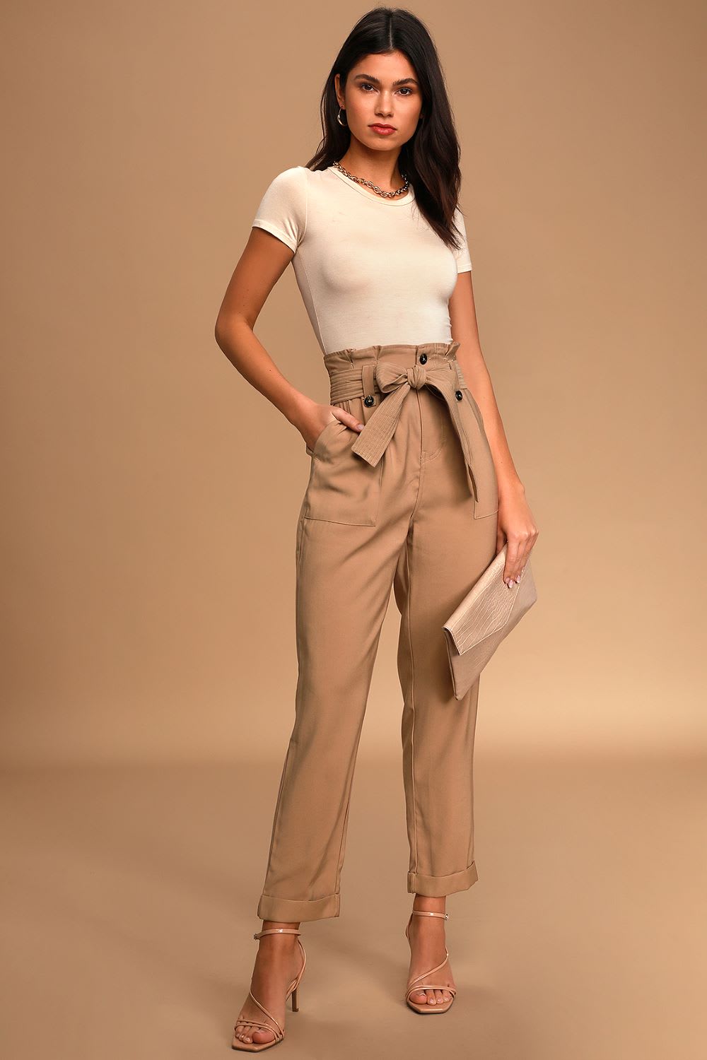white cropped tee and paperbag pants