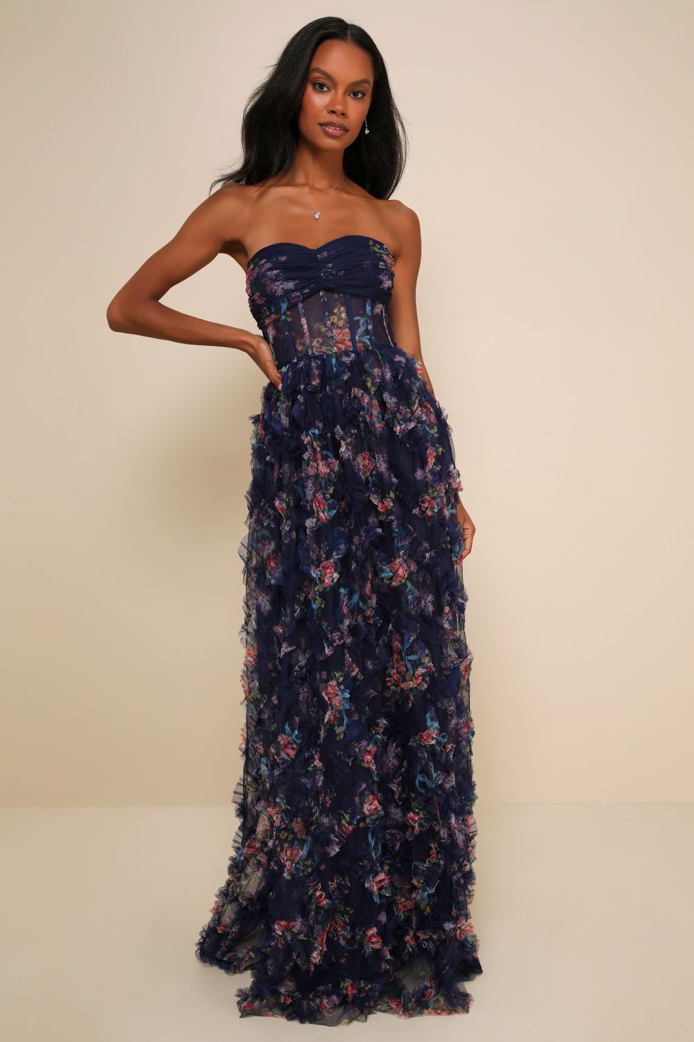 navy floral mesh ruffled strapless maxi dress