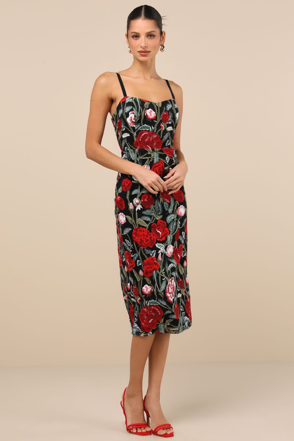 black floral embroidered lace up midi dress