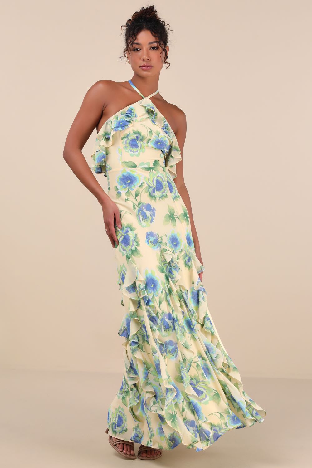 yellow floral halter ruffled maxi dress