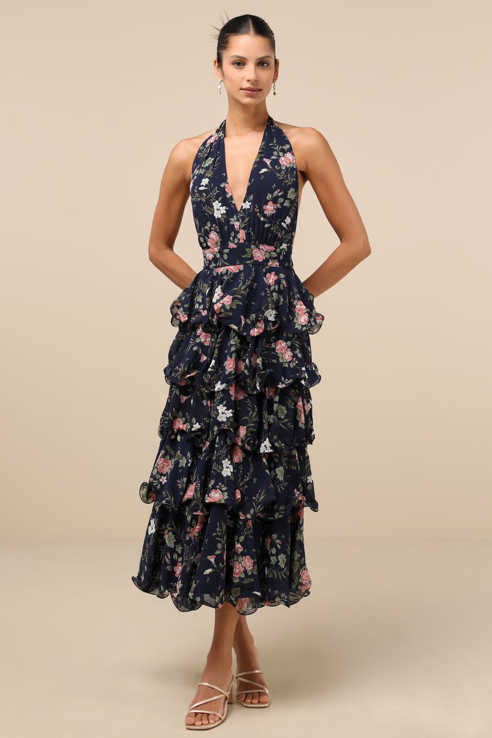 navy floral tiered halter midi dress