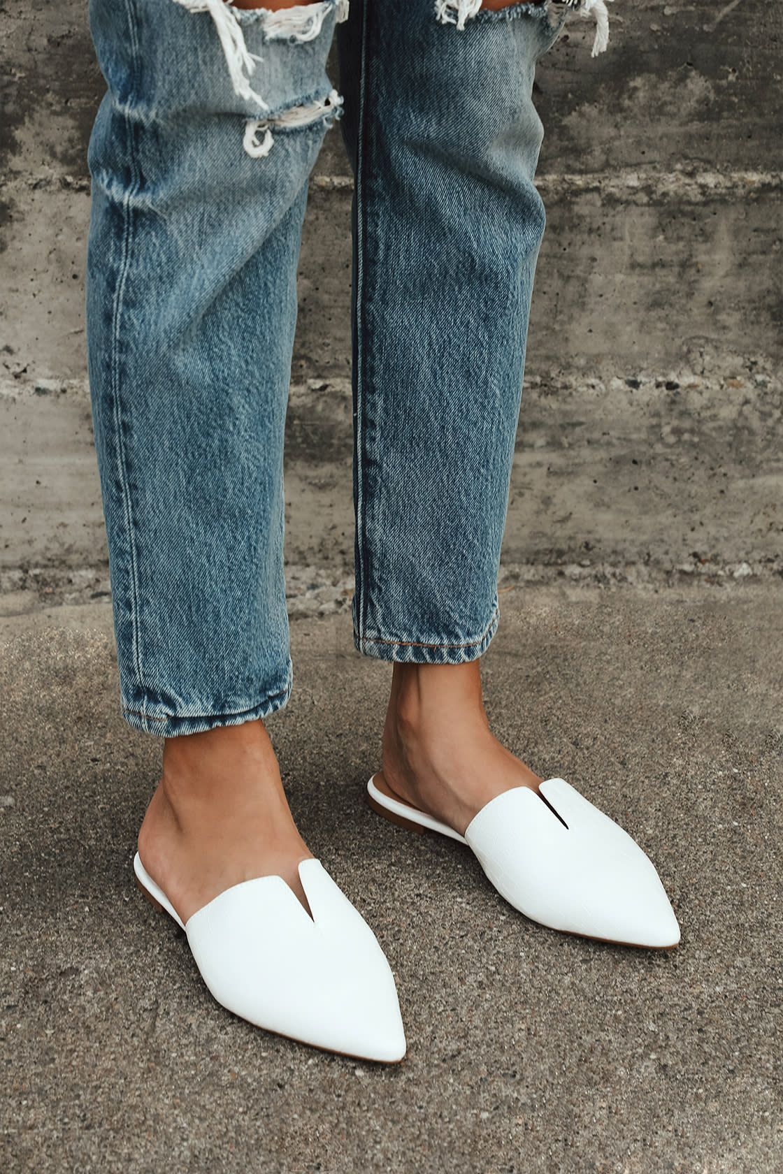 white crocodile embossed pointed toe slides