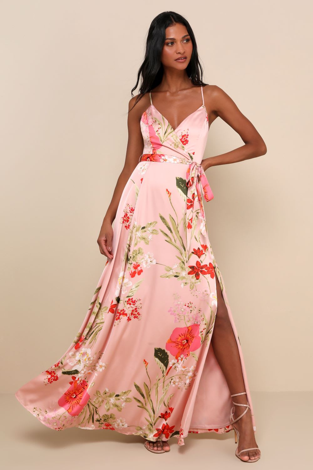 blush pink floral print satin maxi dress