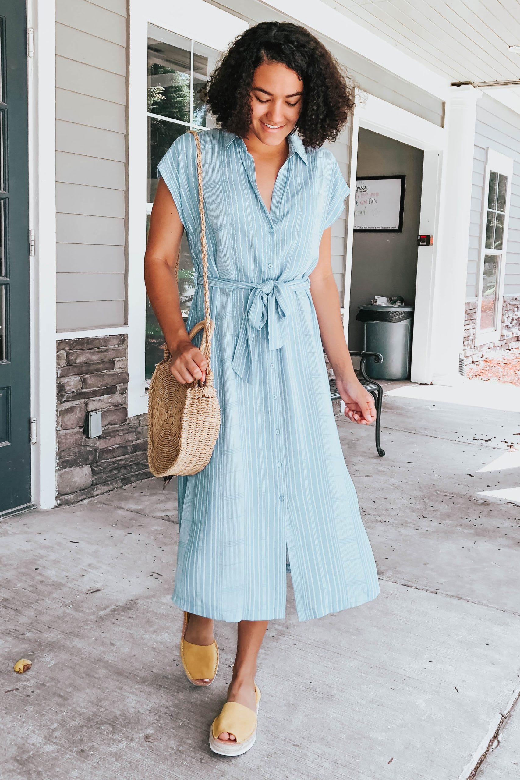 blue and white striped shirt dress