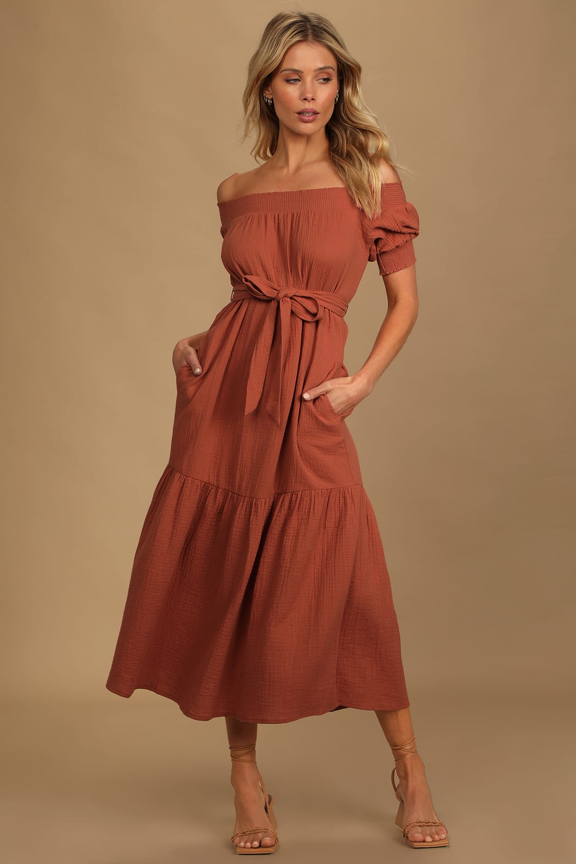 rust orange off the shoulder maxi dress