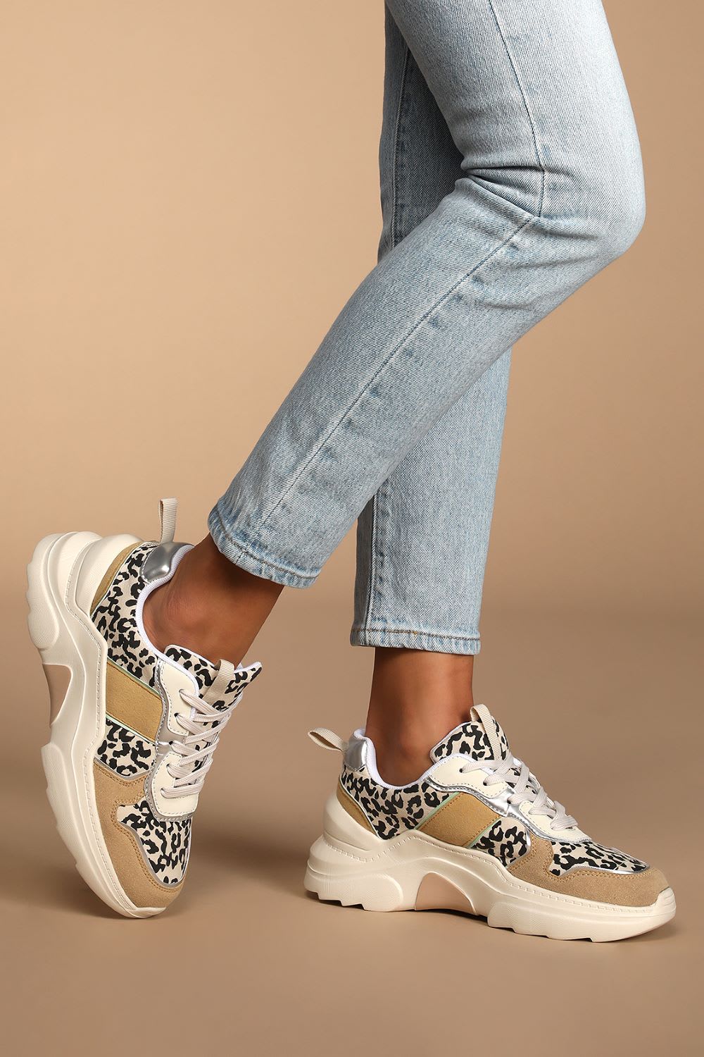 beige leopard chunky sneakers