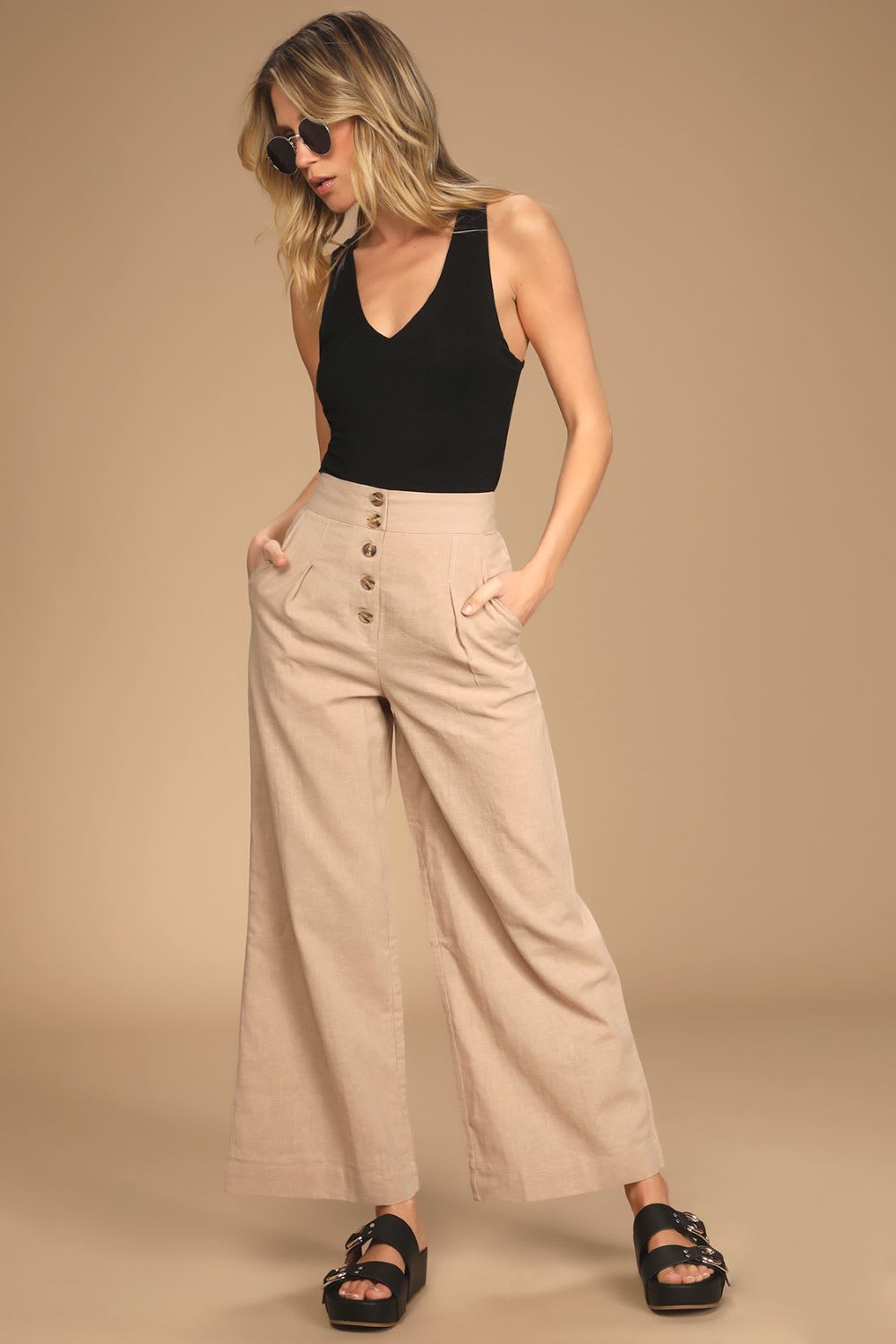 beige linen wide leg pants