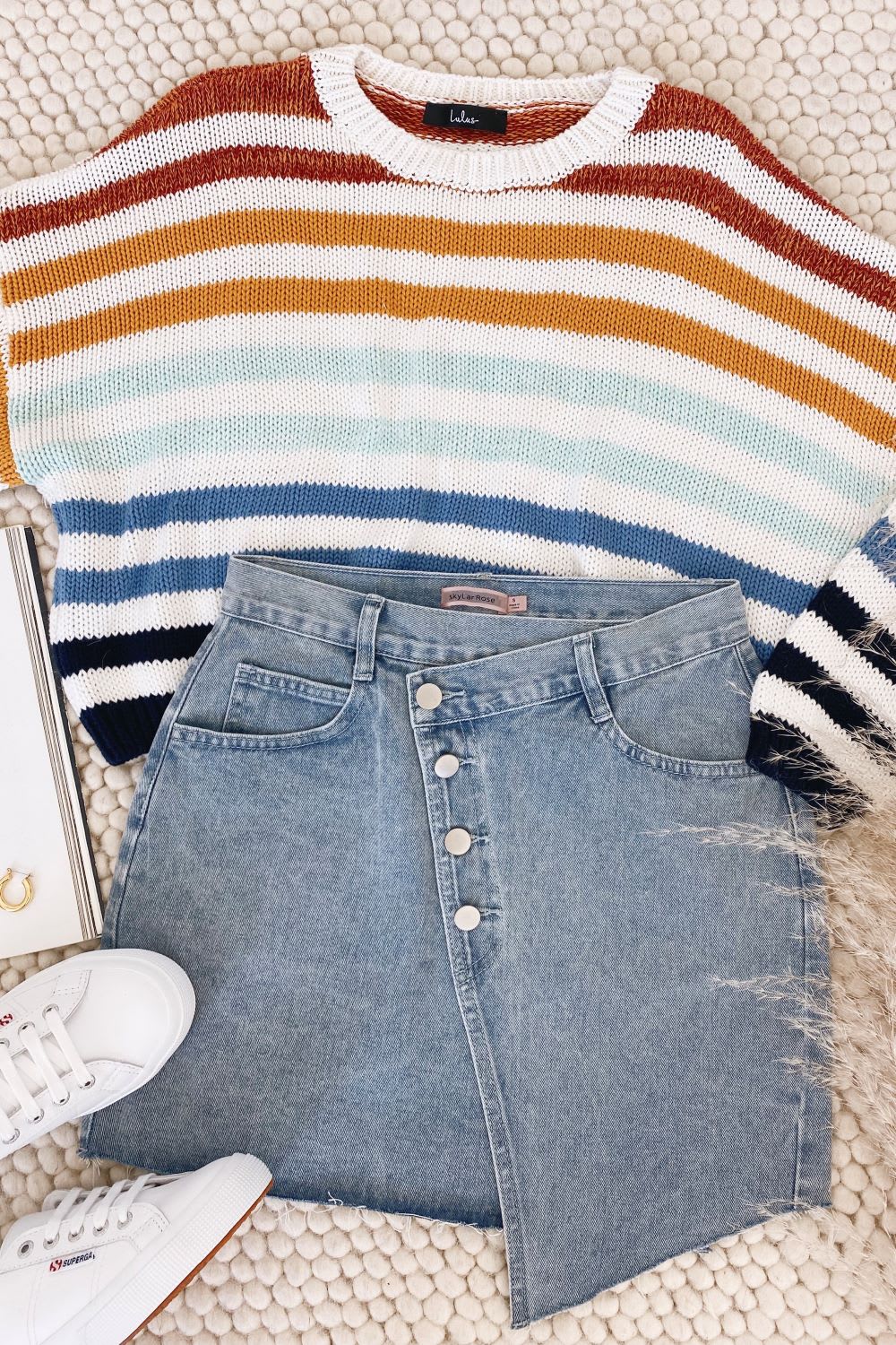 multi striped sweater and denim skirt