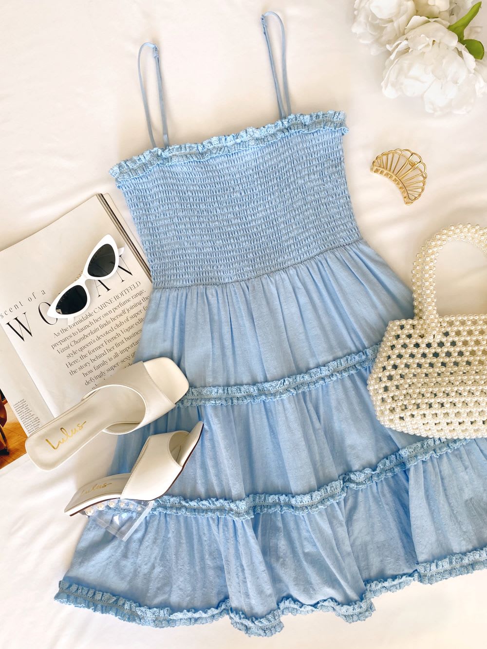 light blue smocked tiered mini dress