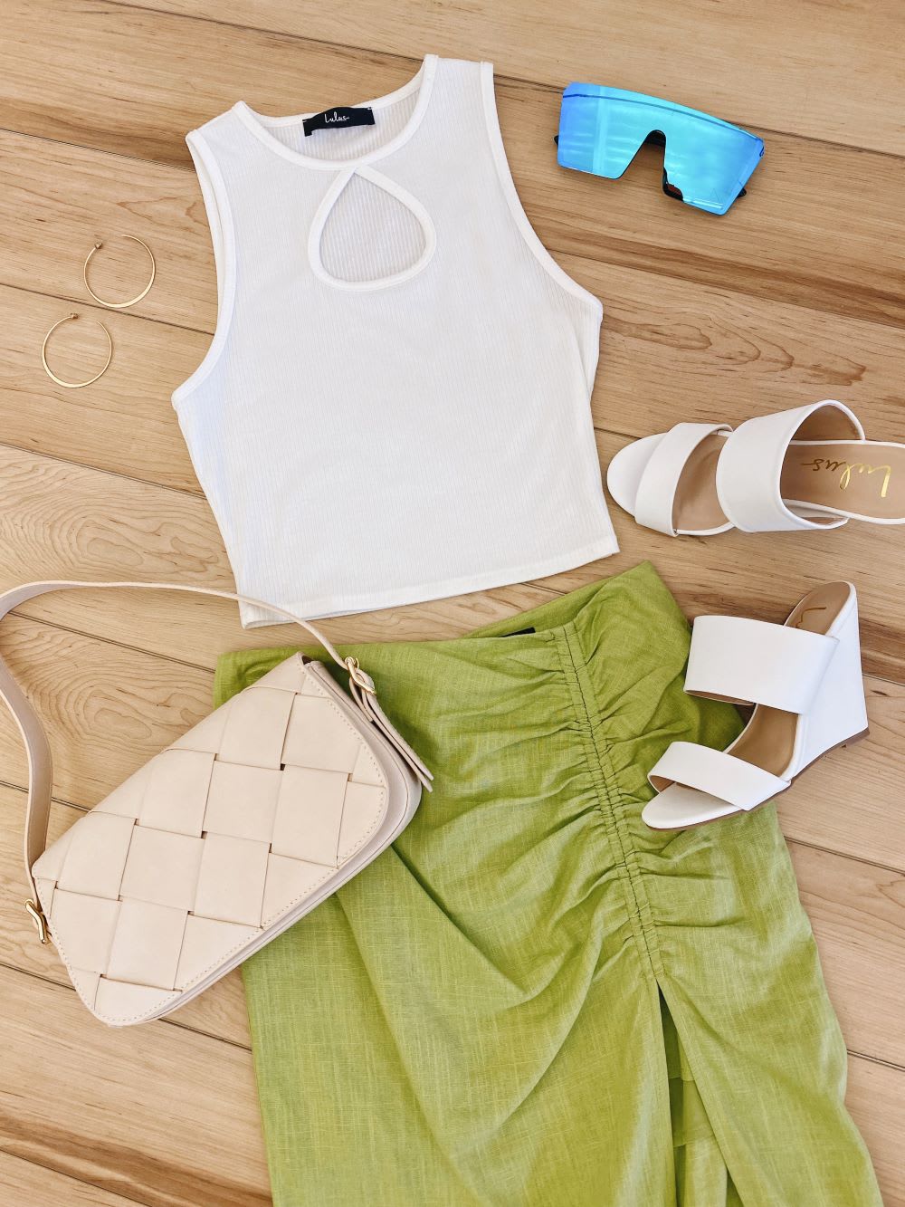 white crop top and lime green ruched skirt