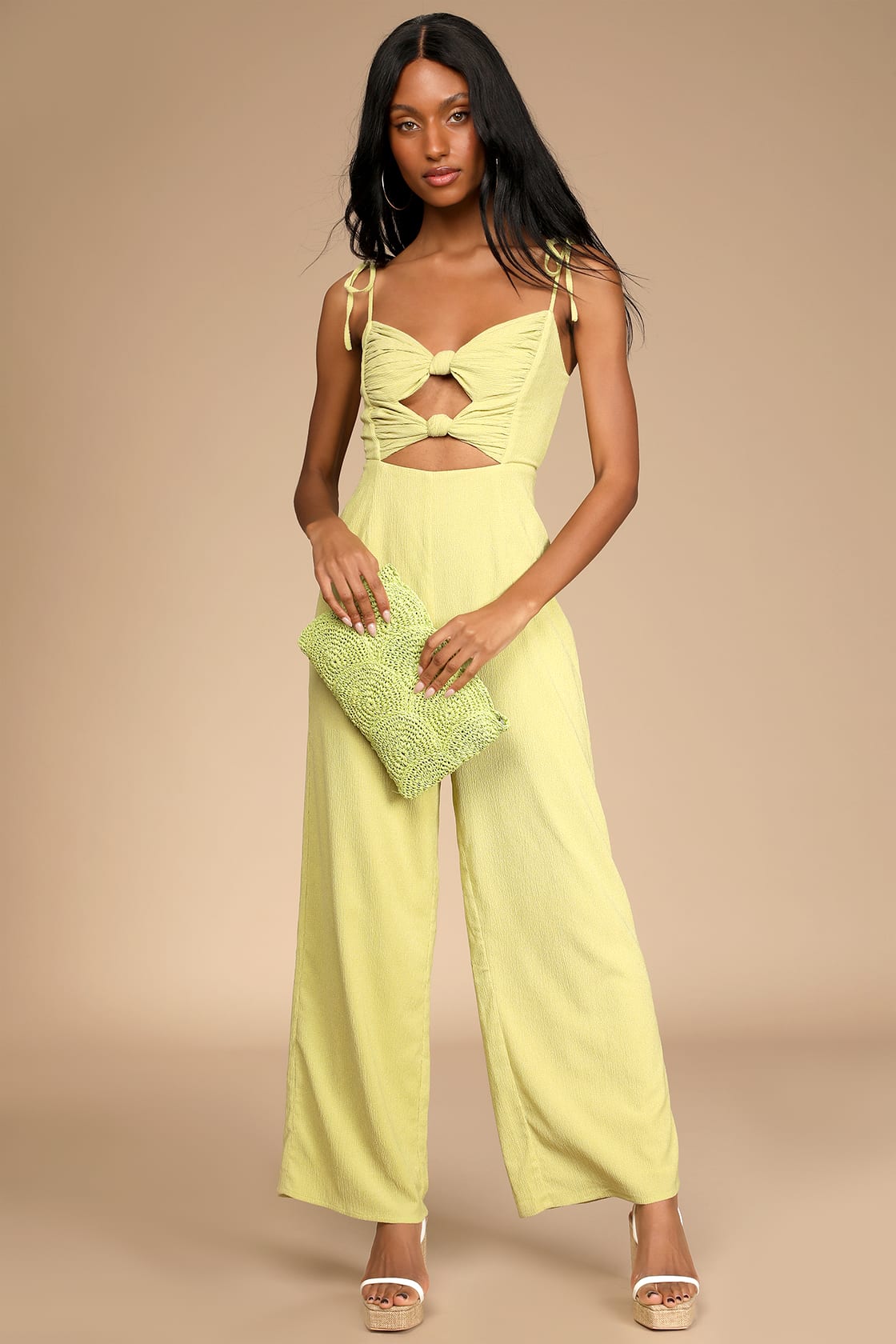 lime green knotted wide leg jumpsuit