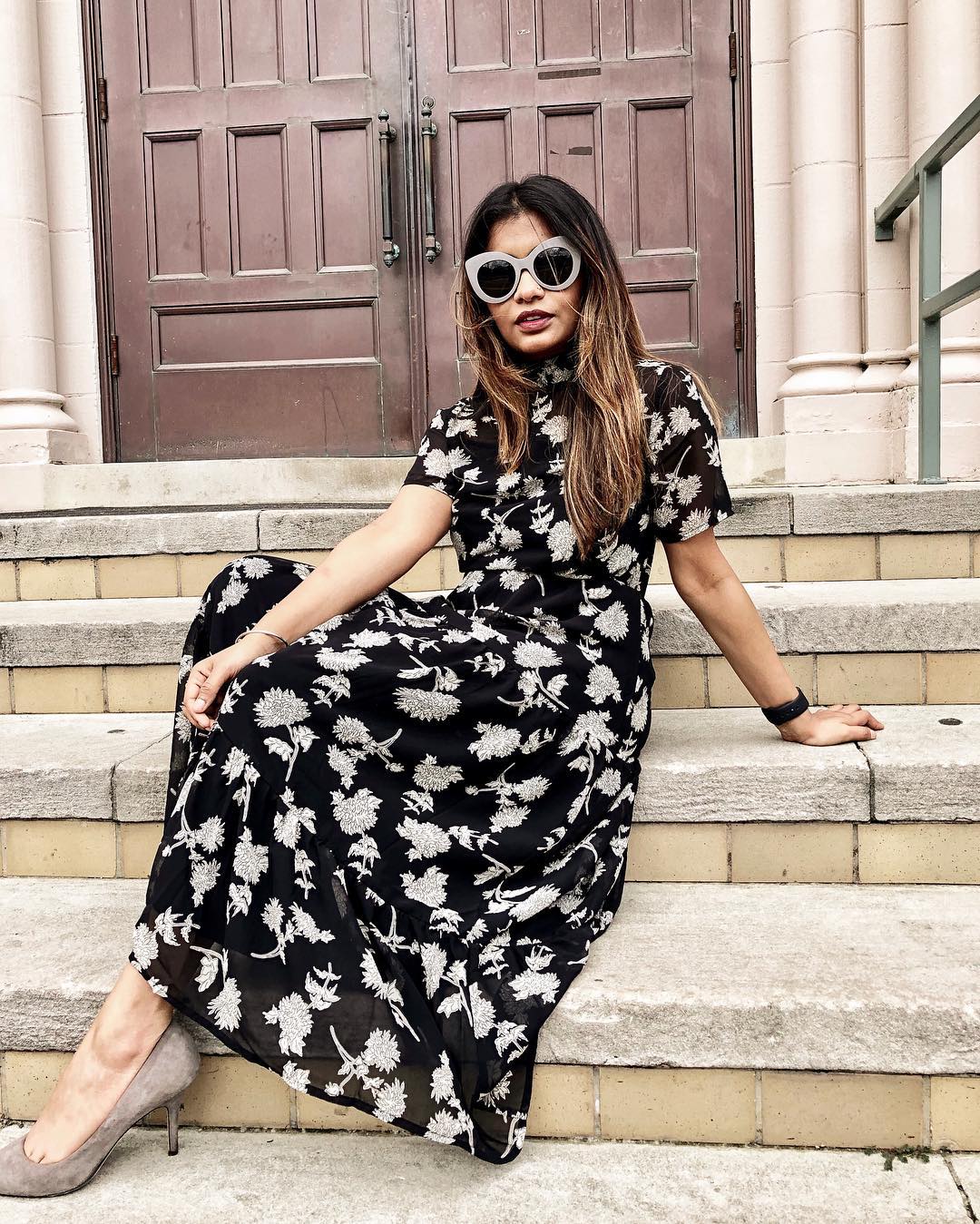 black floral short sleeve midi dress