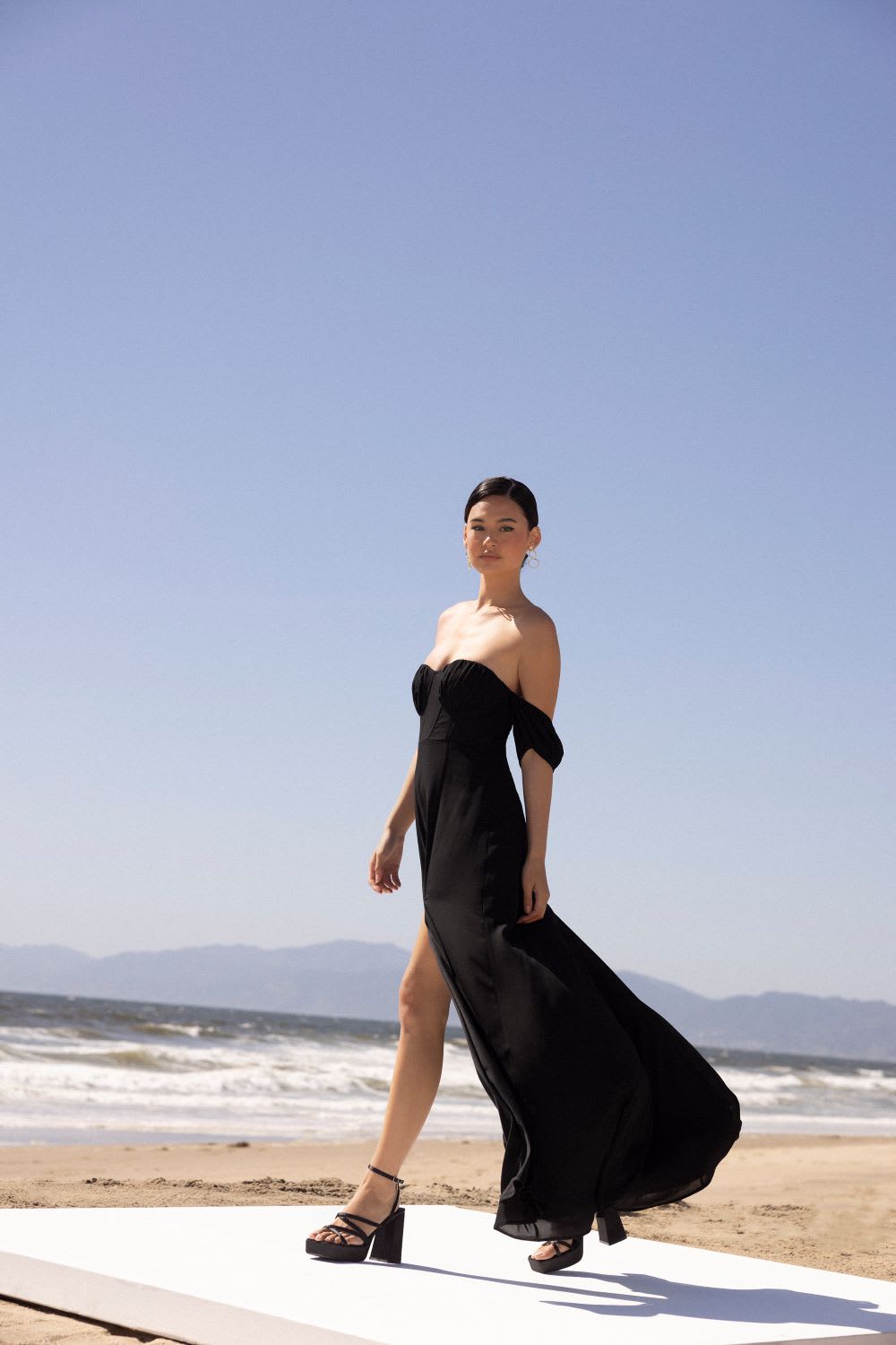 black off the shoulder bustier maxi dress