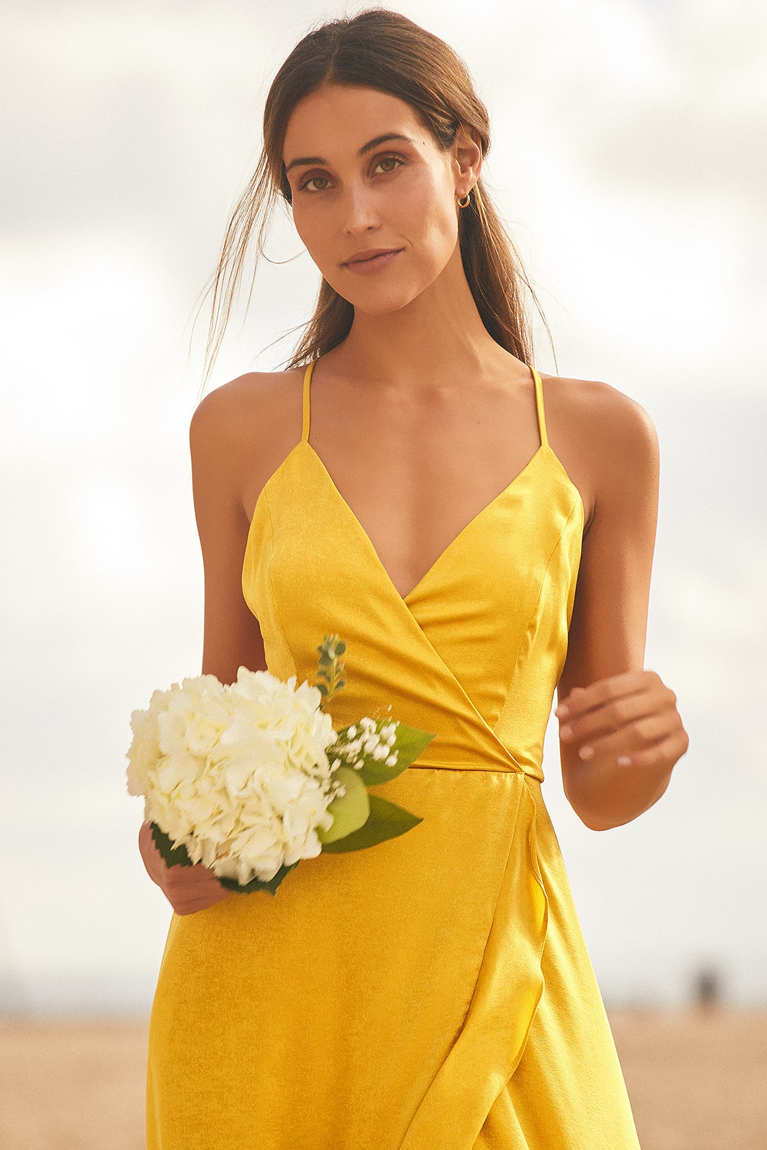 yellow satin high-low maxi dress