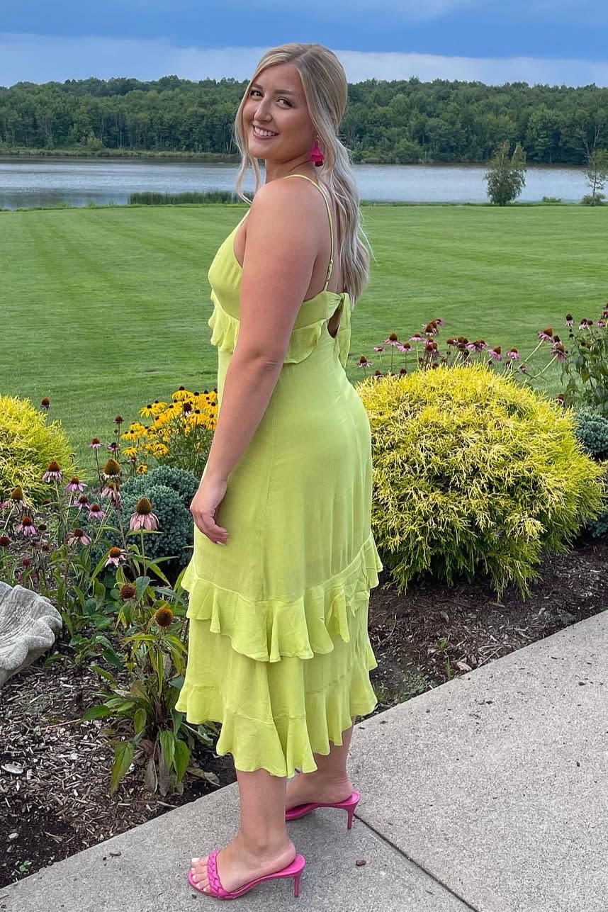 lime green ruffled midi dress