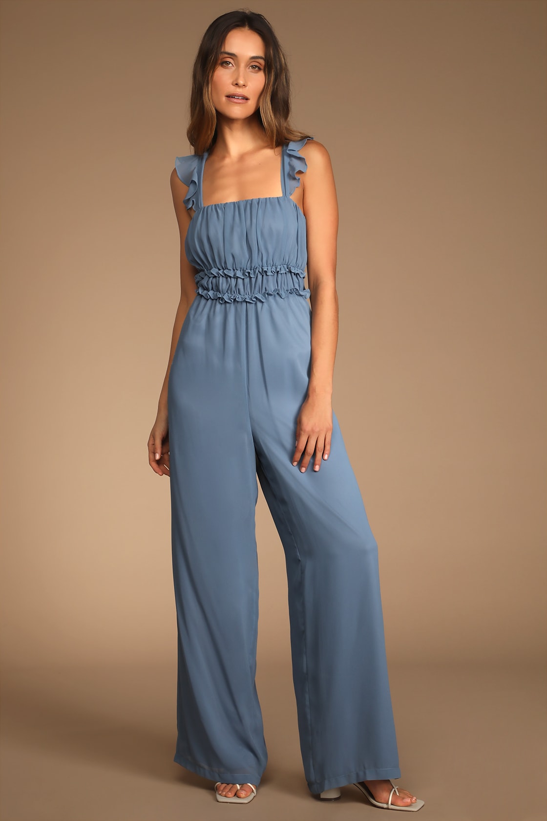 slate blue chiffon ruffled jumpsuit