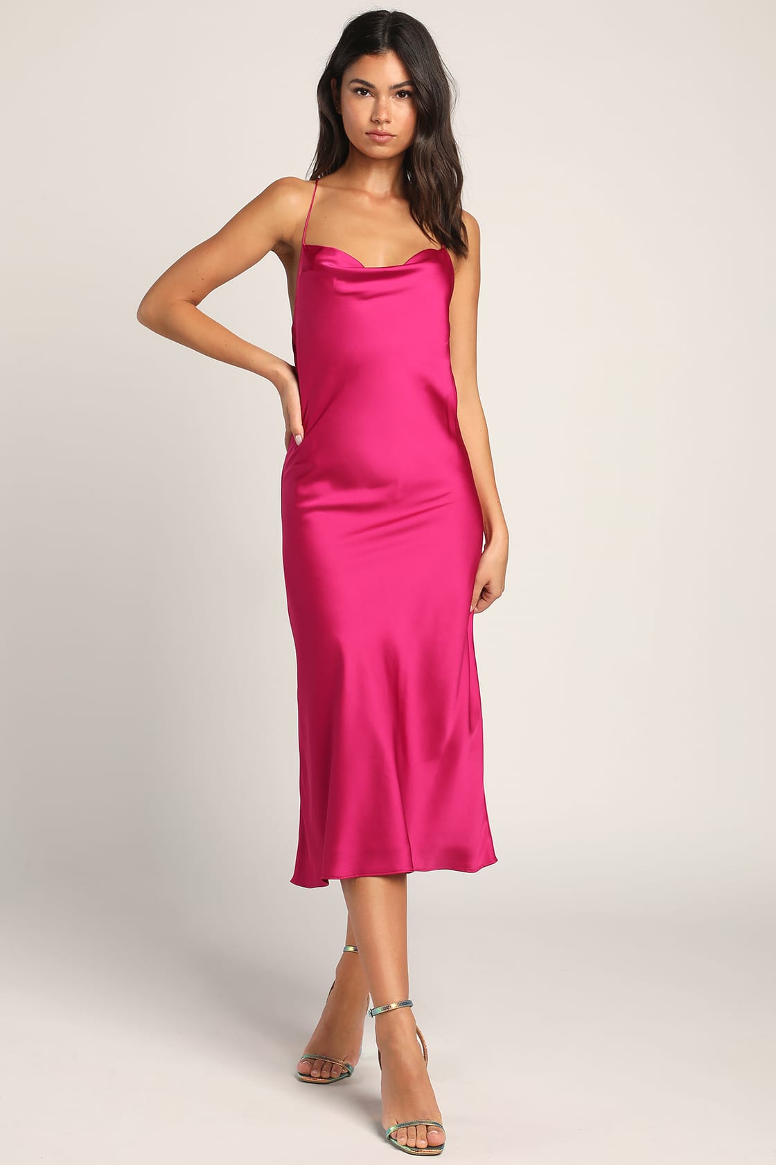 magenta satin cowl back midi dress